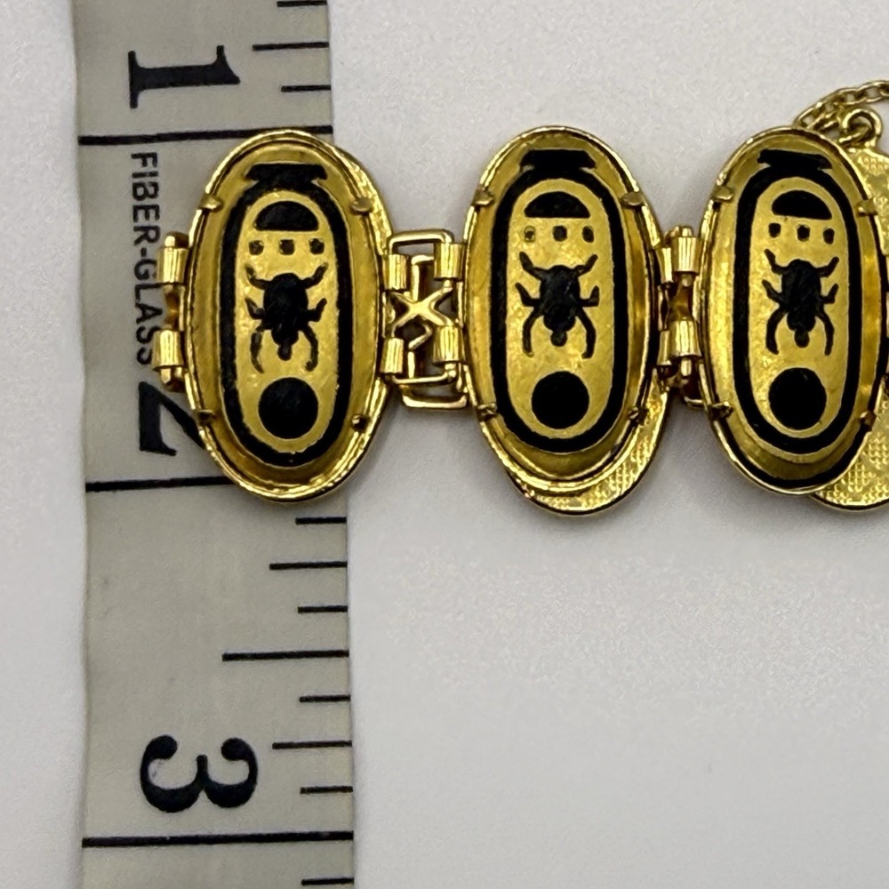 IA Signed Panel Bracelet Egyptian Revival Scarab Beetle Black Gold Tone Safety - Picture 8 of 8
